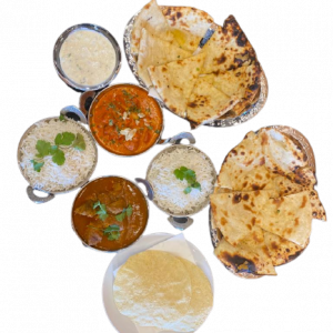 Punjabi House Double (2 Plain Naan + 2 Curry + 2 Rice + 2 Gulab Jamun Or 2 Rice Pudding + 5 Pappadum + Raita)